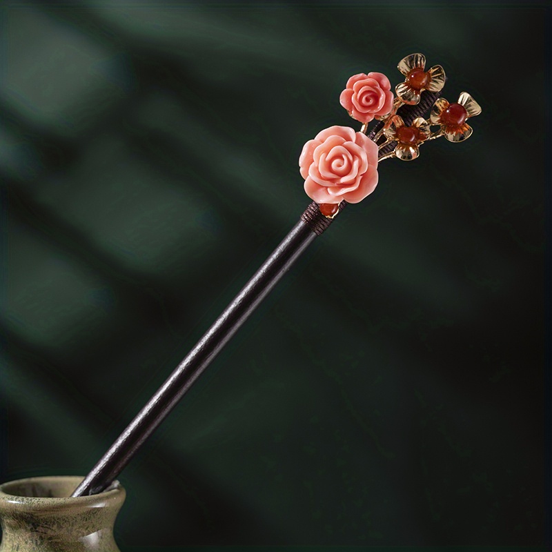 E-shop 1pc Blume Haarnadel Chinesischen Stil Holz Haar Stick Mit Anhänger Pferdeschwanz Halter Haar Zubehör Für Frauen