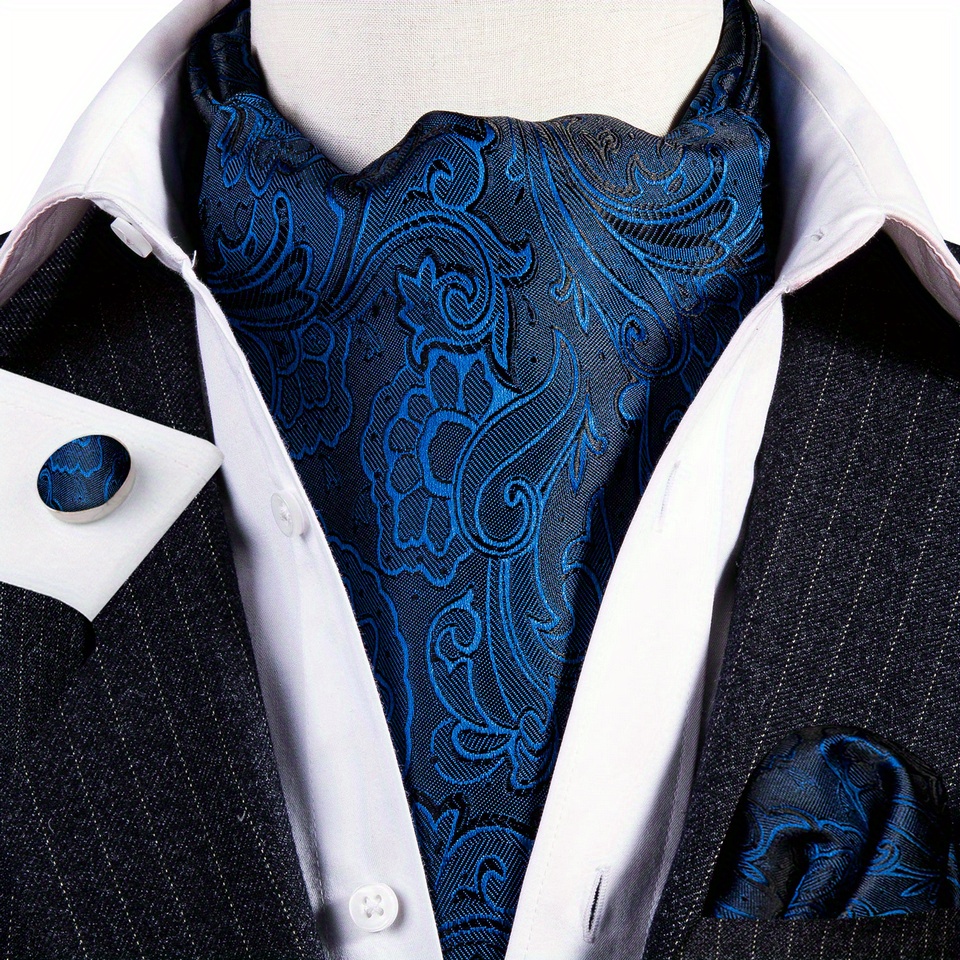 Men's 100 Silk Scarf Long Double Layer Neckerchief Cravat Suit Shirt Black  Blue