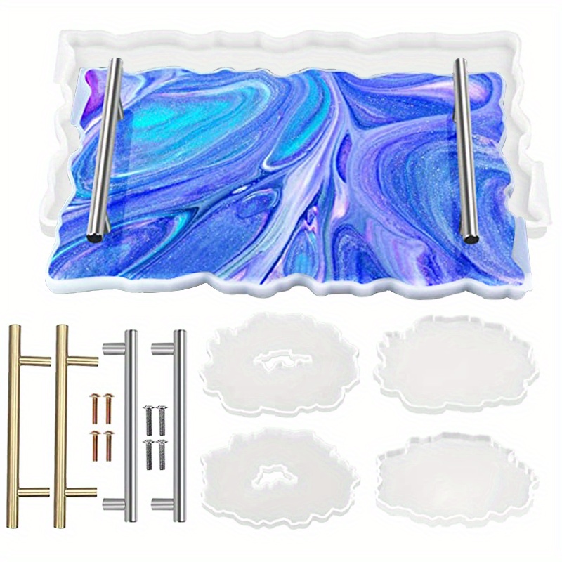 Image of 9pcs Resin Coaster Tray Mould, 1pc Resin Tray Mould With 4pcs Coaster Mould And 4pcs Handle, Irregular Resin Coaster Silicone Mould, For Onyx Coaster Set Resin Casting, Home Decoration