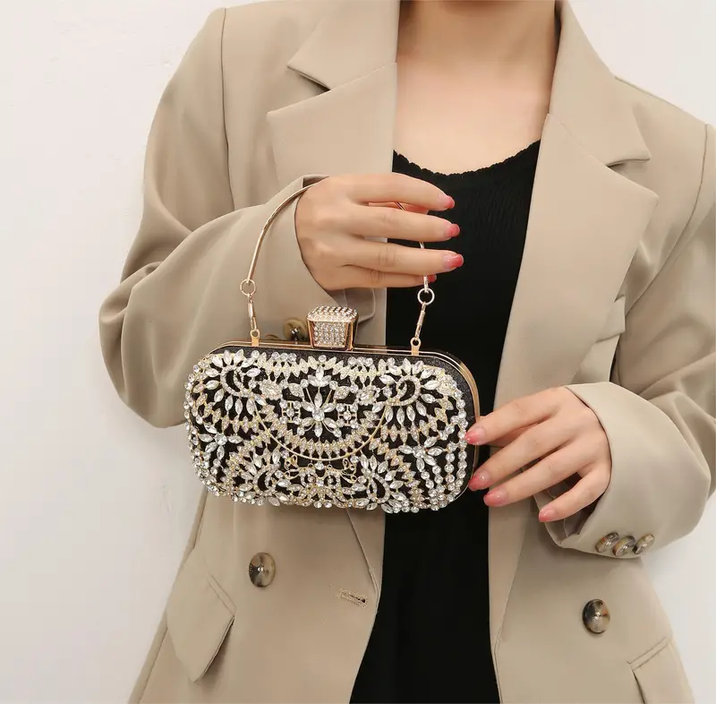 Rhinestone Luxury Clutch Bag, Flower Pattern Evening Shoulder Bag
