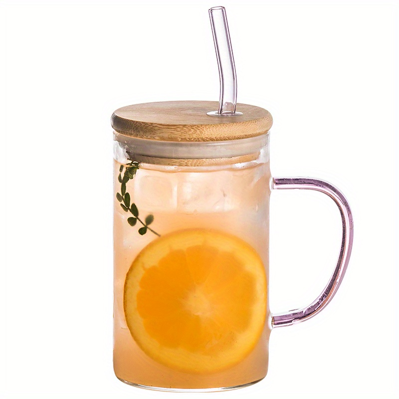 Square Cute Glass Cup With Bamboo Lid And Straw, Drinking Glasses, Juice  Water Bottles, Glass Mug With Colored Handle For Soda, Iced Coffee, Milk,  Bubble Tea, Water - Temu