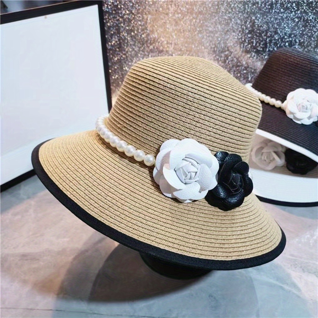 Straw Bucket Hat with Faux Pearl Hatband & Flower Decor