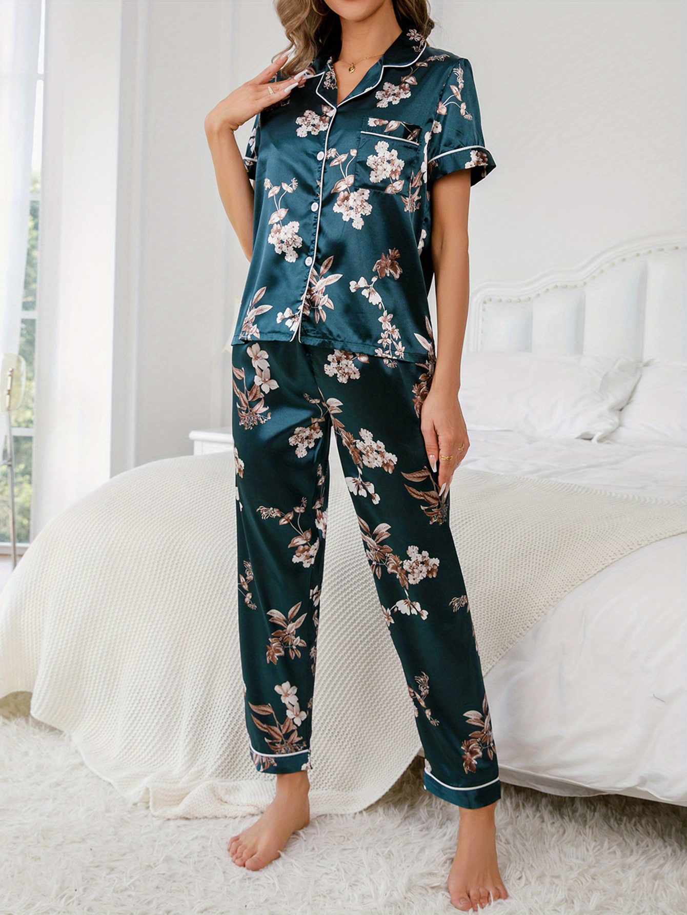 Green Floral Print Satin Pajama Set Smooth Comfort Short - Temu