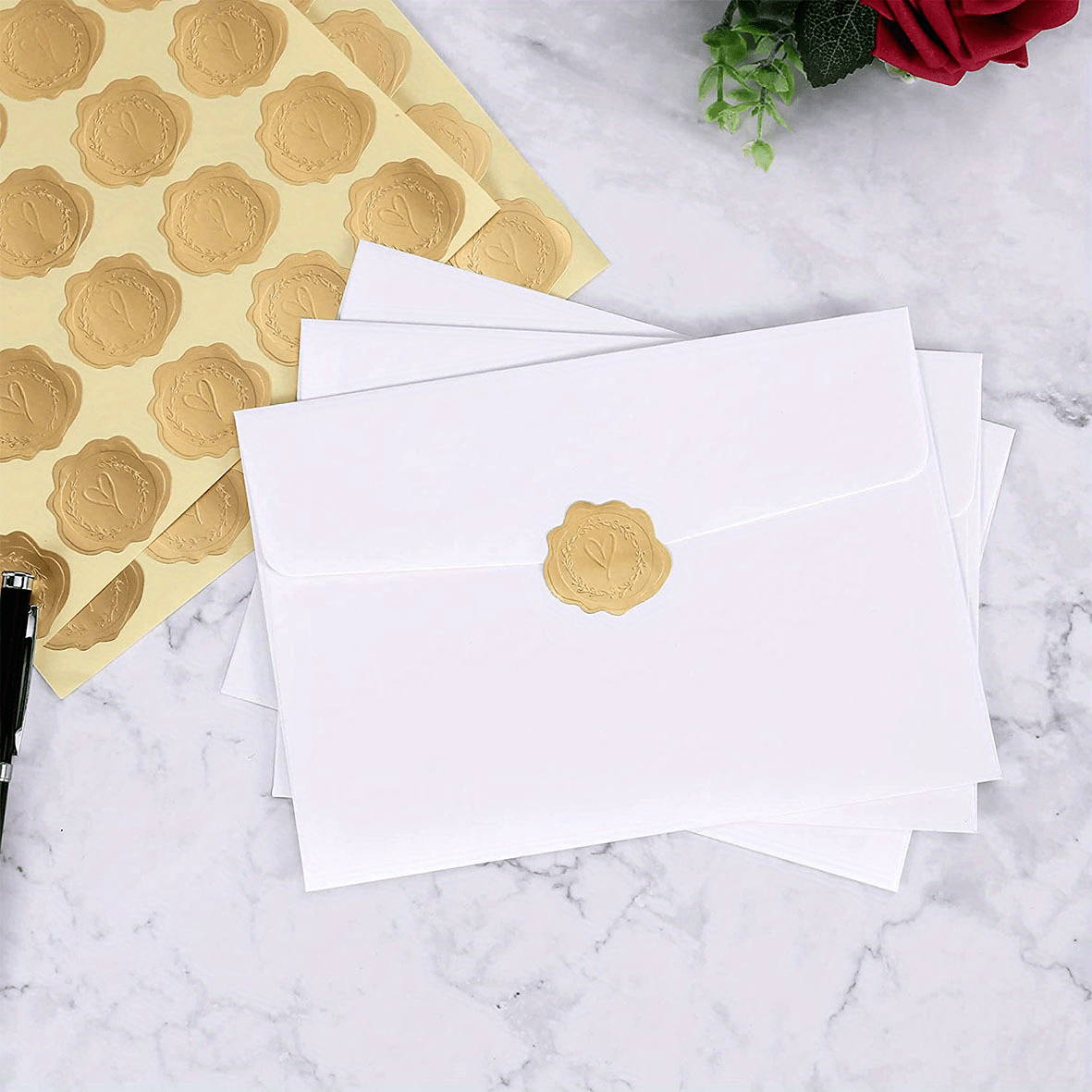 100 pièces de sceaux de cire dorée pour enveloppes, autocollants décoratifs  pour cartes de vœux et invitations de fête commémoratives (4 feuilles, 25
