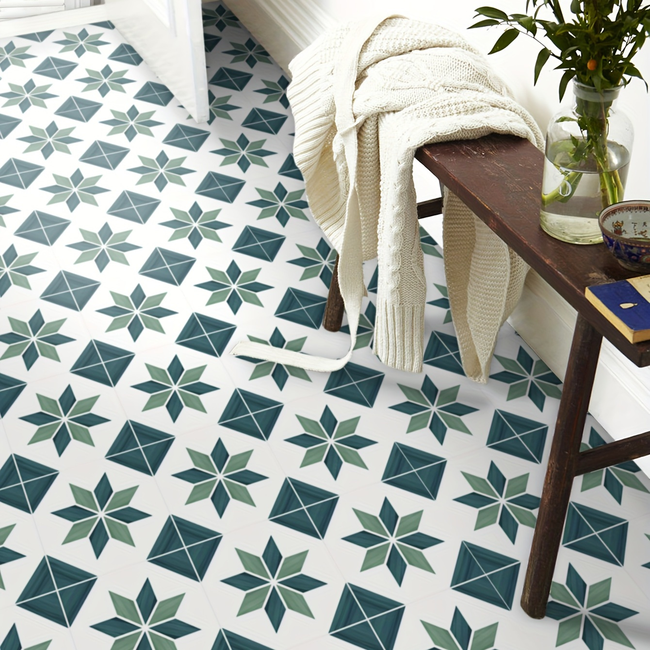 

9pcs, Peel And Stick Floor Tiles Green Mosaic Pvc Flooring Sticker Self Adhesive Floor Tile For Bathroom Kitchen Living Room 7.87x7.87" Waterproof Tile Sticker Easy To Use, Hot Sale In Spring