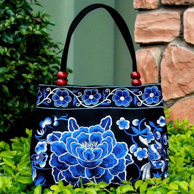 Stylish Floral Embroidered Handbag Trendy Zipper Canvas Bag - Temu