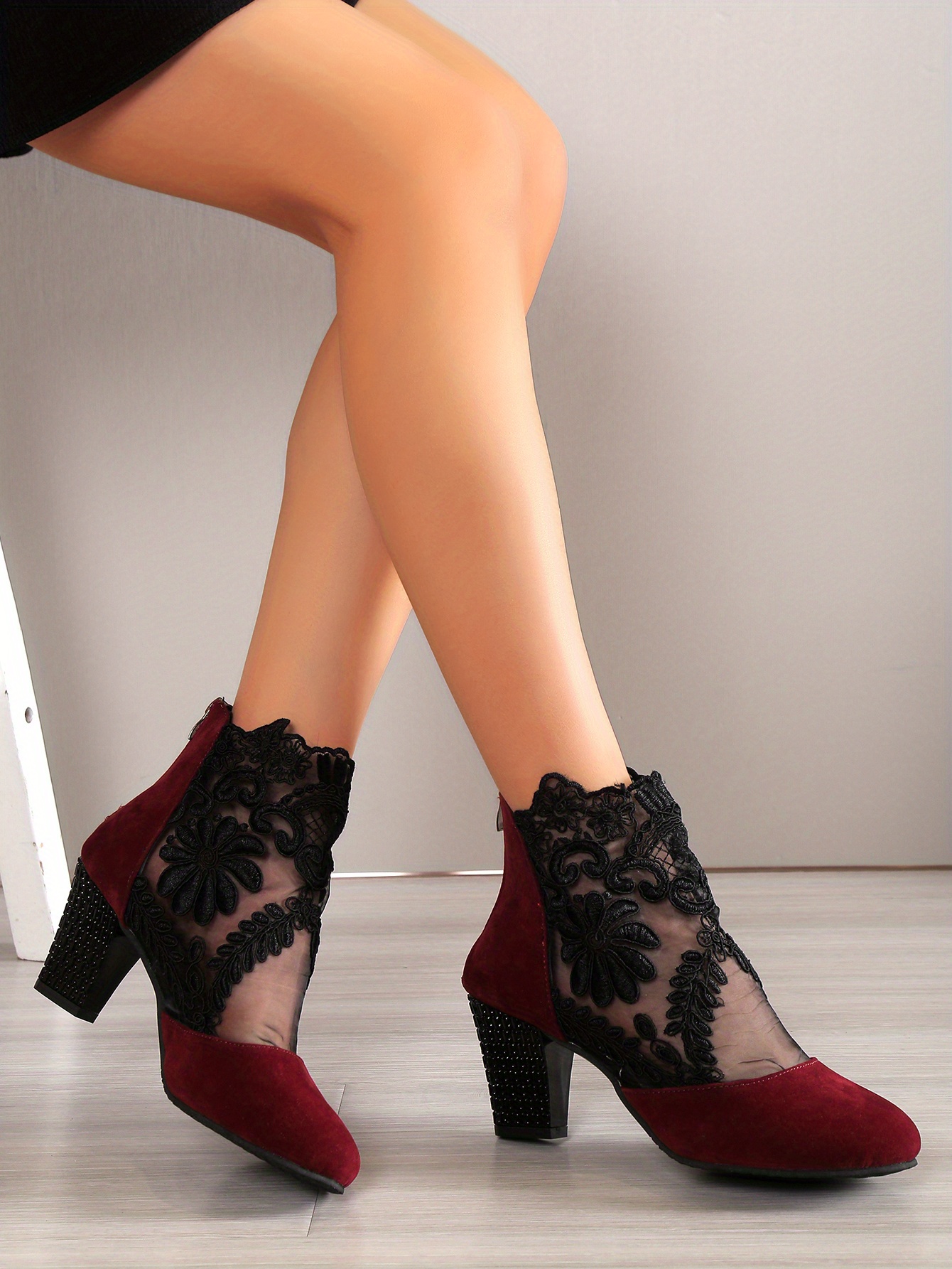 Lace mesh insert sales chunky heeled boots