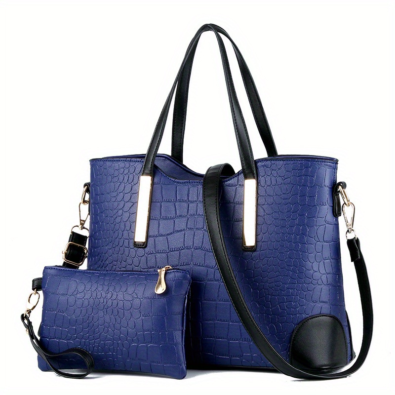 Crocodile Embossed Leather Tote in Deep Blue