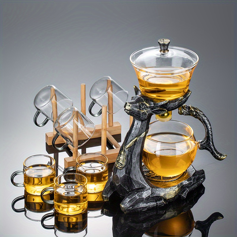 Glass Tea Brewing Set with Magnetic Automatic Dispenser - Masu Tea Dispenser + Six Teacups