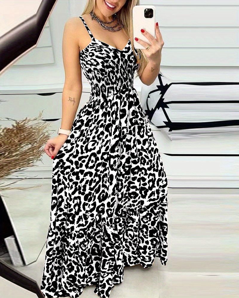 Leopard Print Shirred Cami Dress Sexy Ruched Elastic Waist - Temu