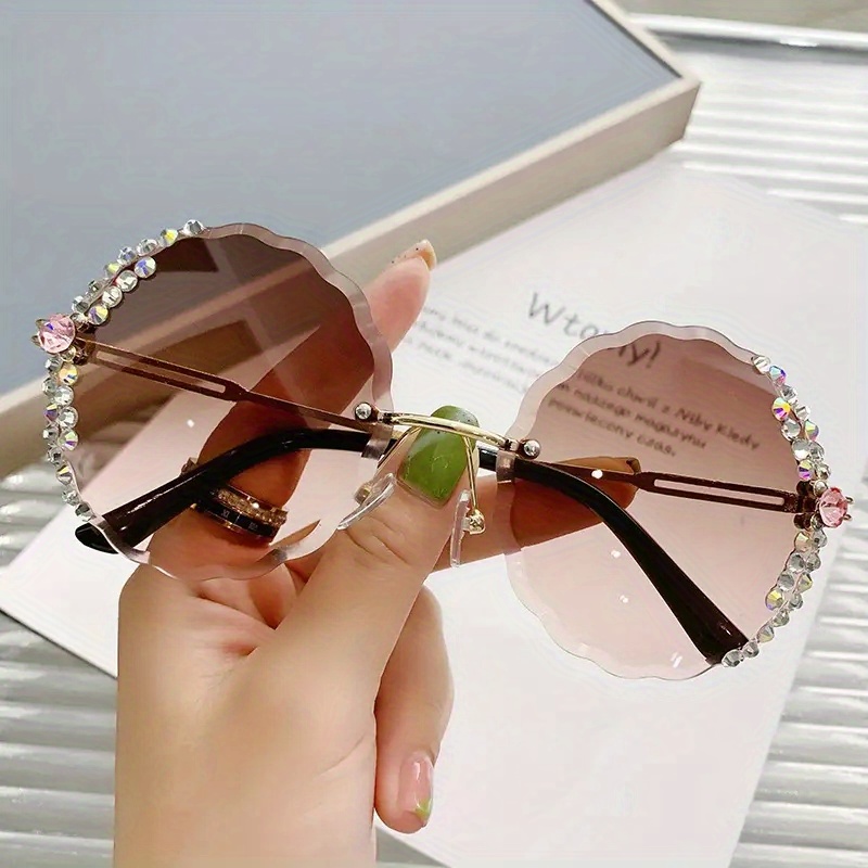 Rhinestone Decor Rimless Sunglasses Gradient Lens Flower Shaped Round Glasses
