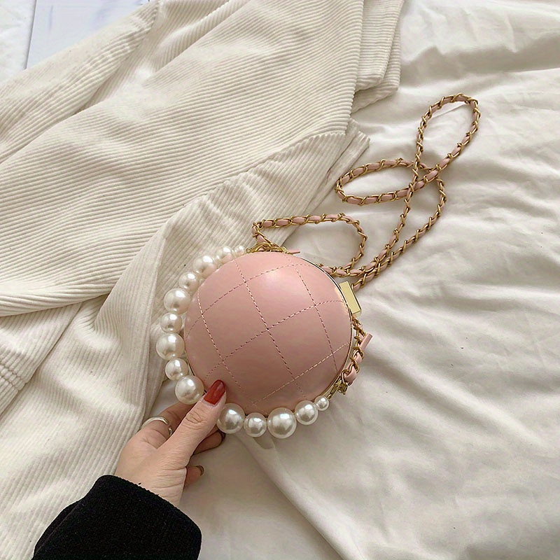 Round Ball Shaped Evening Bag, Faux Pearl Chain Circle Purse, Mini