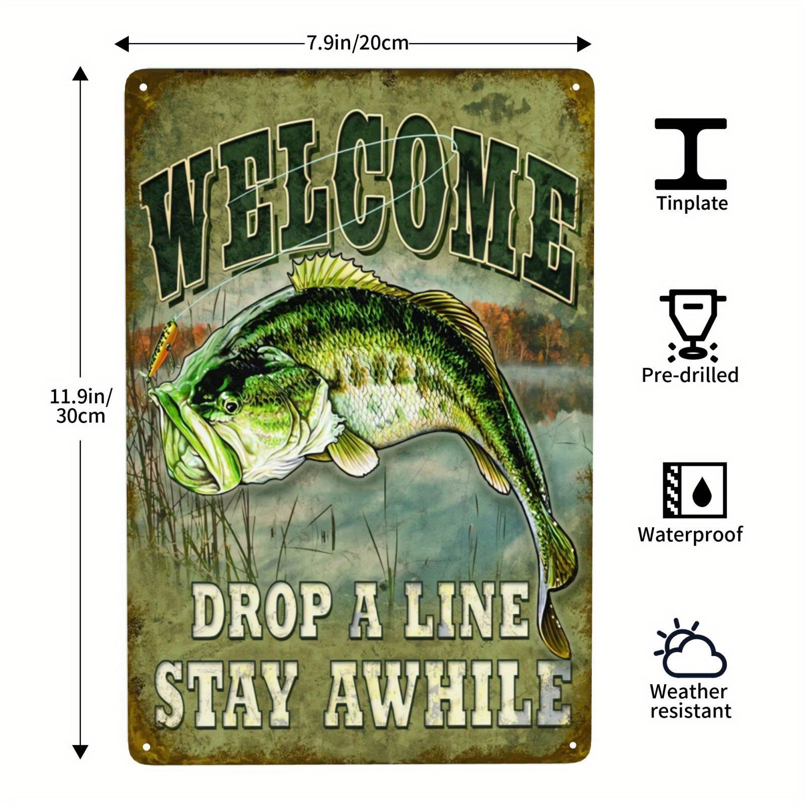 1pc Discount Welcome Bass Fishing Tin Sign，Fishing Happiness Bass Fishing  Lake Hunt Cabin Rustic Wall Decor Metal Tin Sign 20.32X30.48 Cm