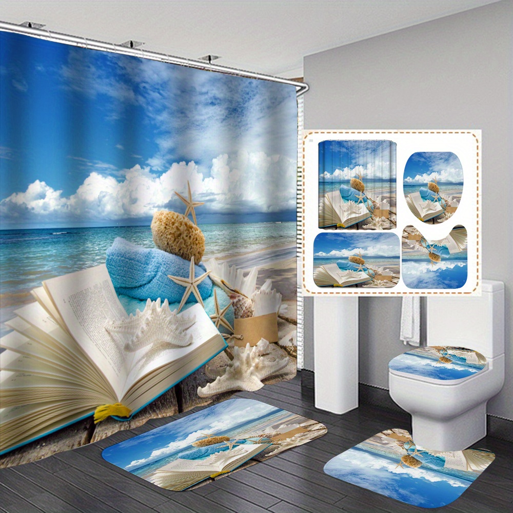 1pc/4pcs Peacock Showing Feathers Shower Curtain, Waterproof Shower Curtain  With 12 Hooks, Bathroom Rug, Toilet U-Shape Mat, Toilet Lid Cover Pad, Bat