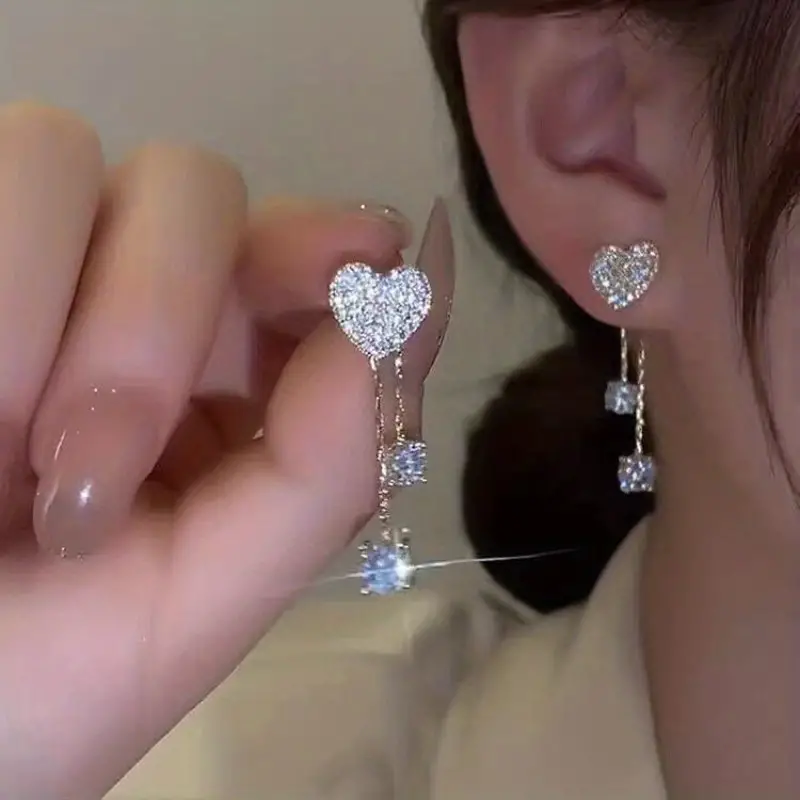 personality asymmetric full zircon heart shaped tassel earrings for women girls details 0