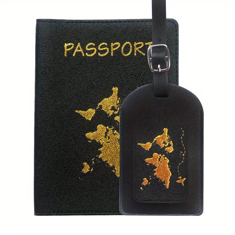 Pu Leather Luggage Tag Passport Cover Pendant Set Map Bronzing