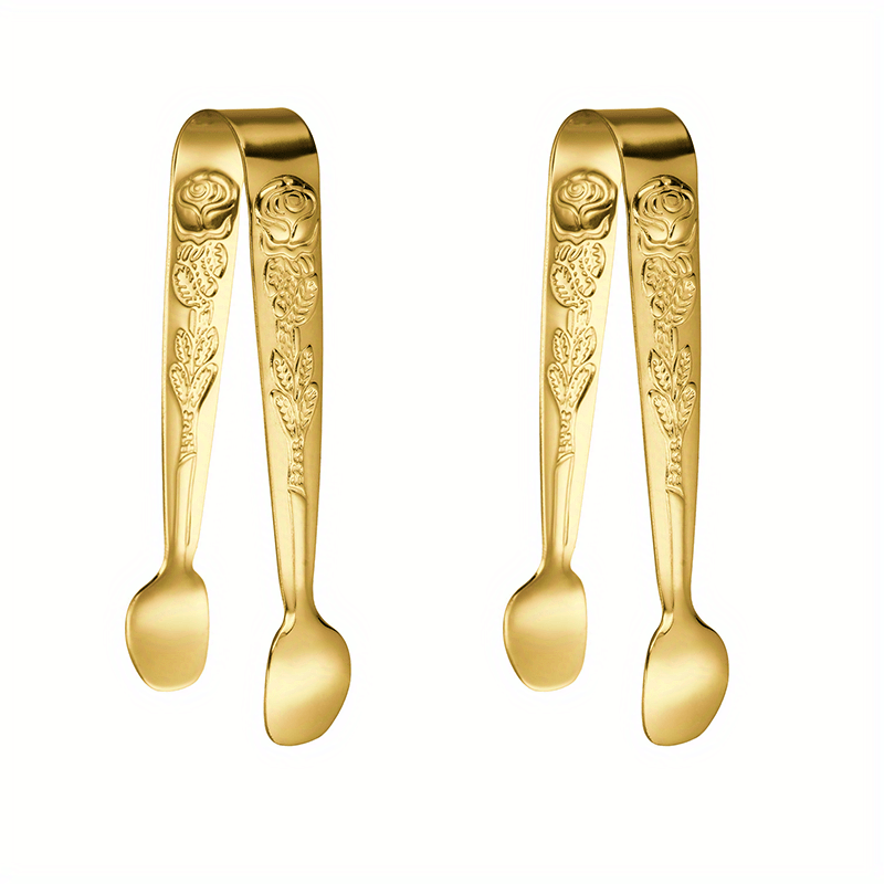 Image of Set Of 2 Small Food Tongs, 4.1-inch Rose Handle Stainless Steel Sugar Tongs, Ice Tongs Suitable For Tea, Coffee, Appetizers, Desserts, Etc. (golden Color)