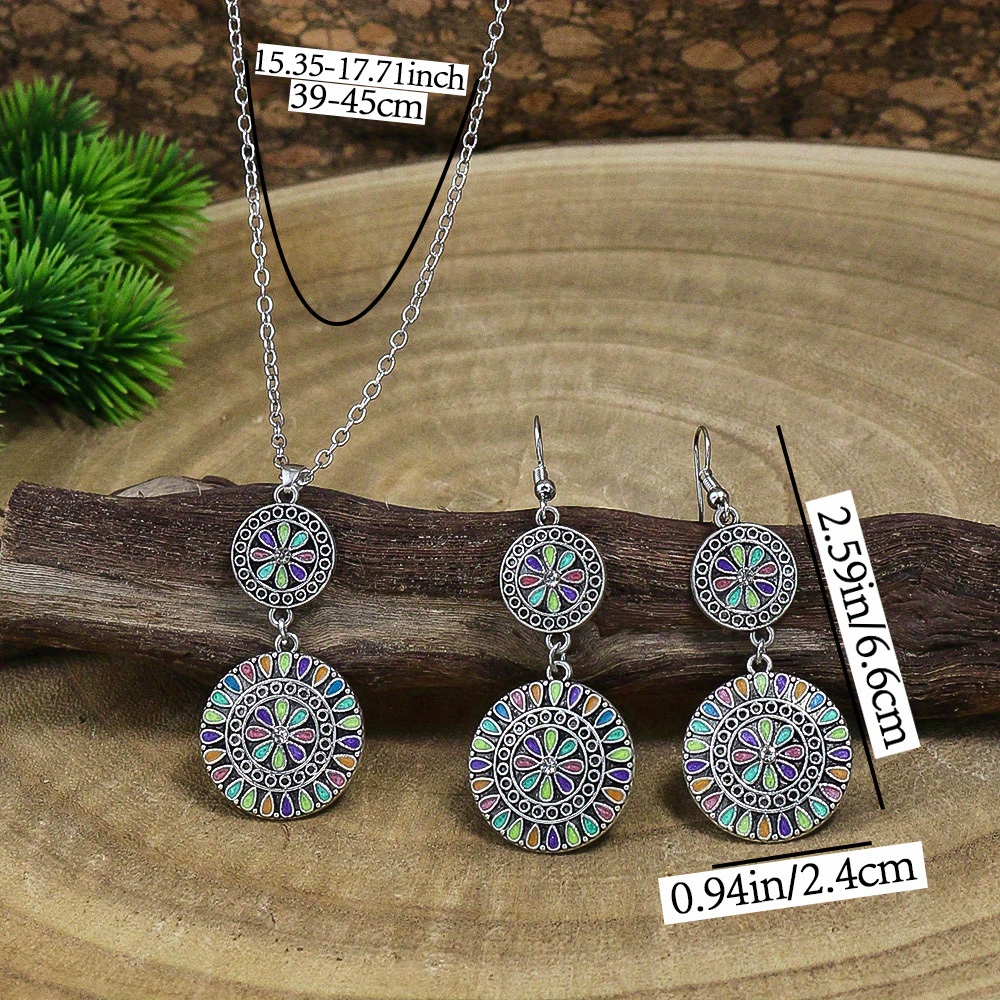 zicron embellished earrings necklace, 3pcs vintage round antique bronze distressed multicolor floral rice beads beaded and zicron embellished earrings necklace set details 10