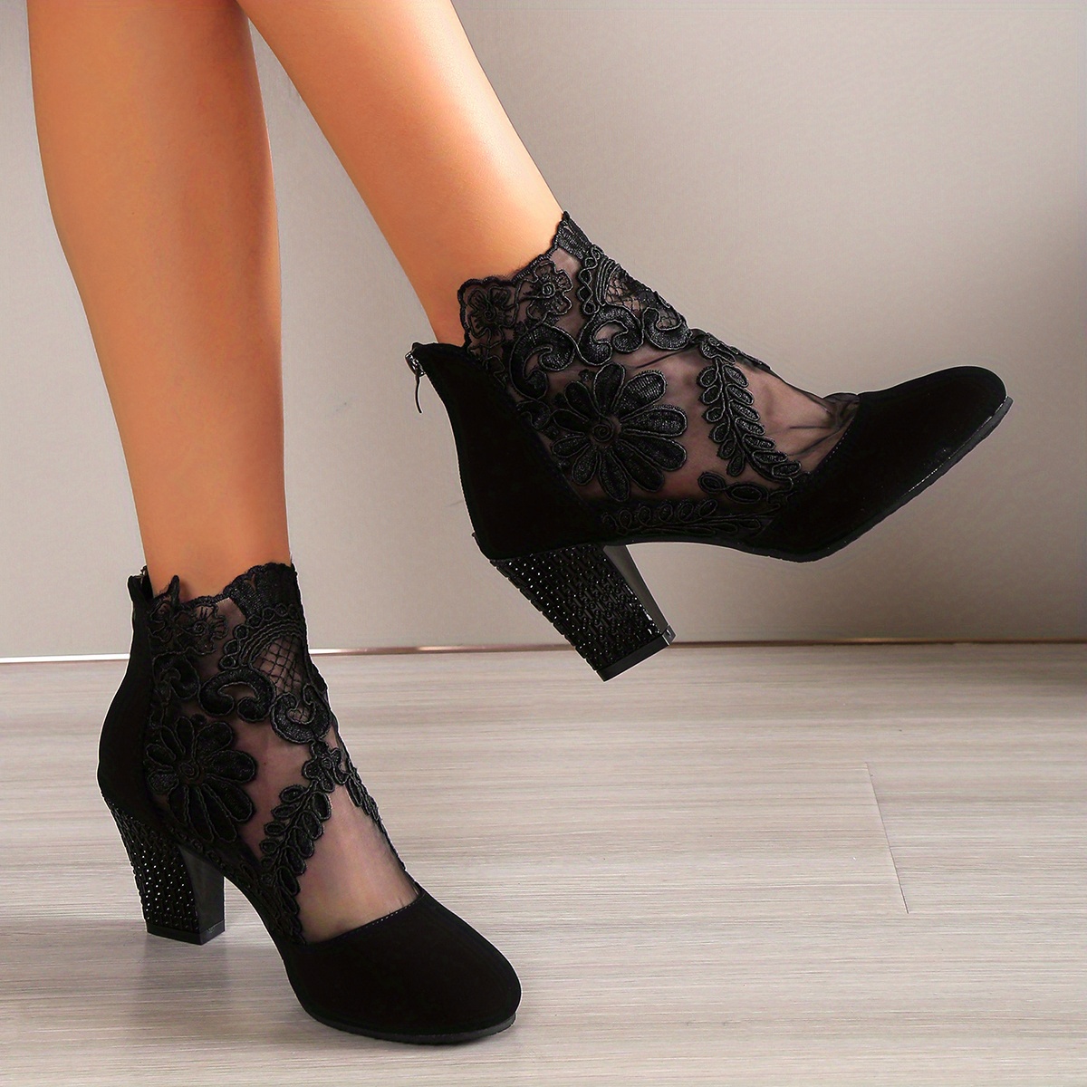 Image of Women's Heel Boots, Fashion Floral Embroidered Back Zipper Heels, Versatile Dress Ankle Boots Elegant Women Shoes Shoes