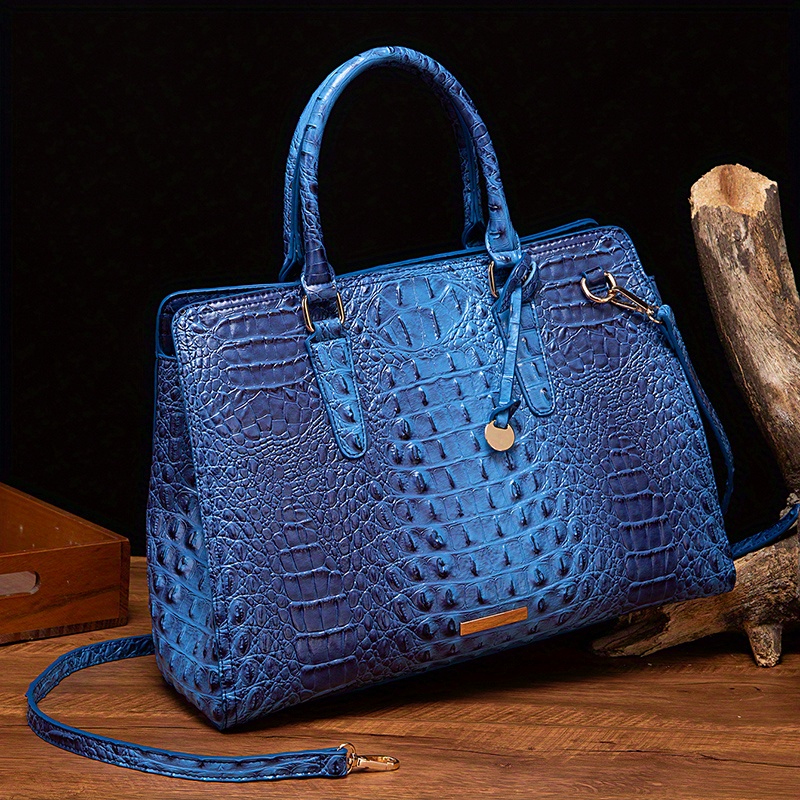 Italian Genuine Leather Croc Embossed Satchel Handbag Dark Blue