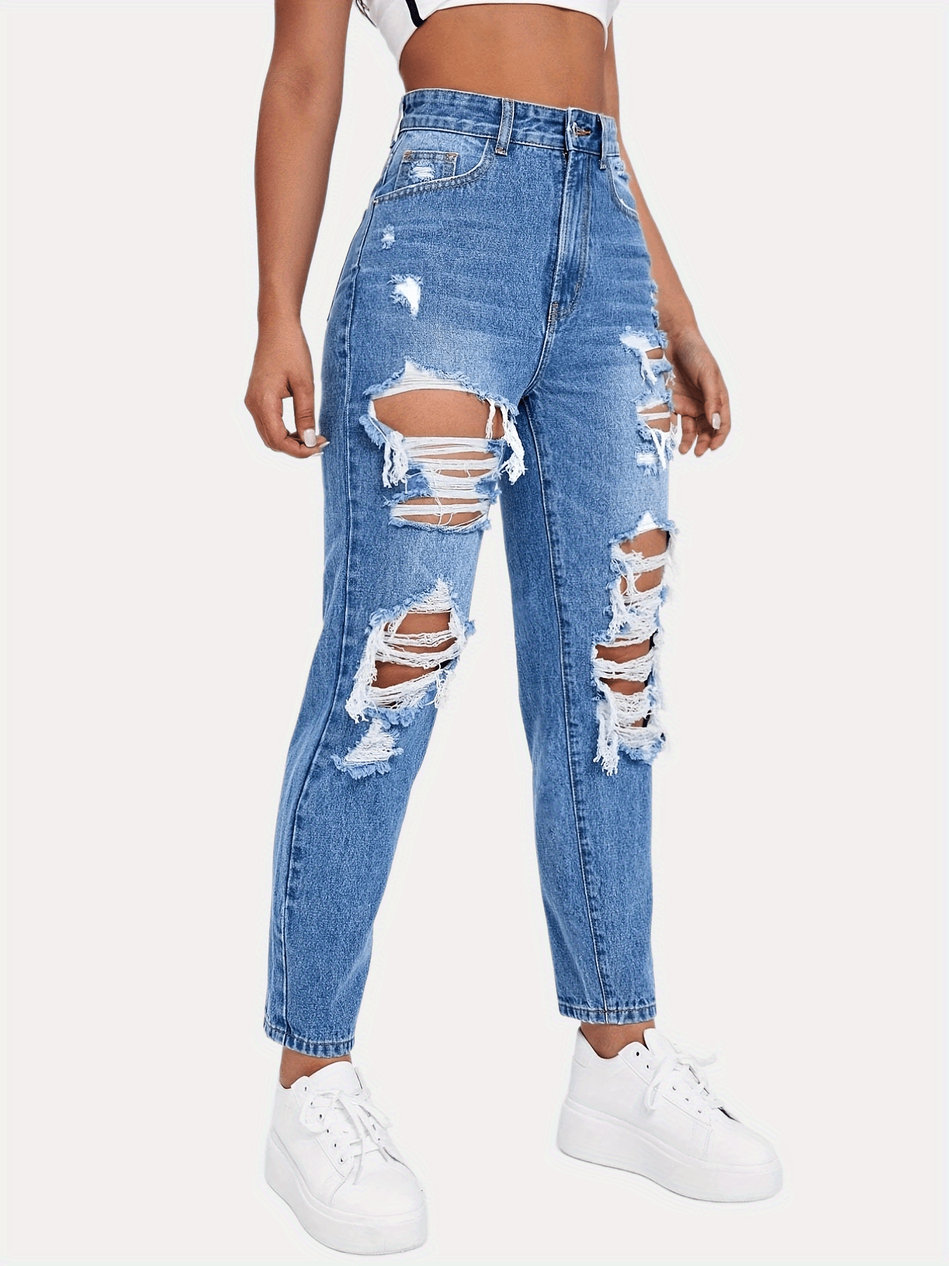 Pantalones Jeans De Tiro Alto Para Mujer Rasgados Cintura Alta