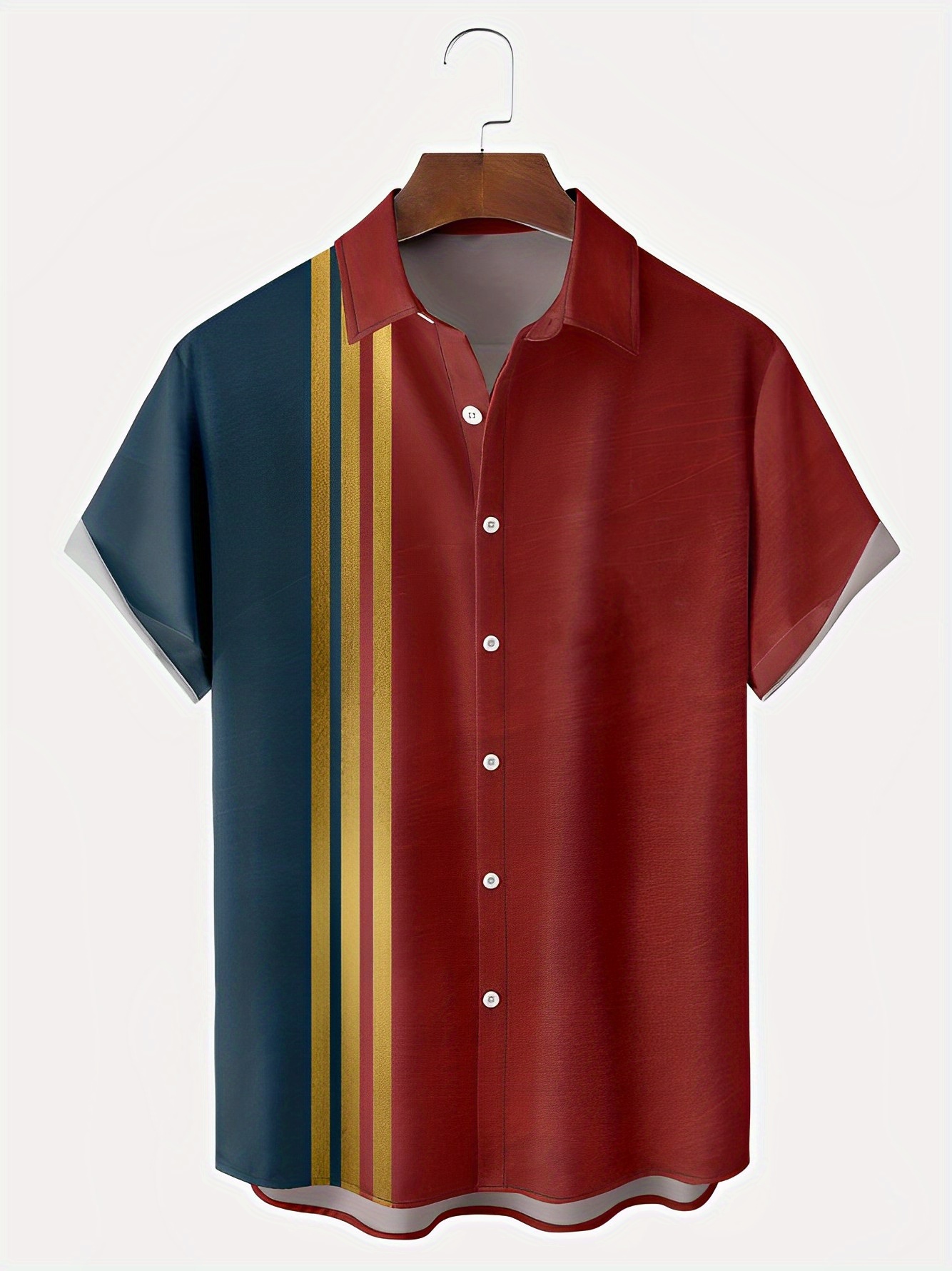 Casual Blue Red Color Block Stripe Short Sleeve Shirt Men's - Temu