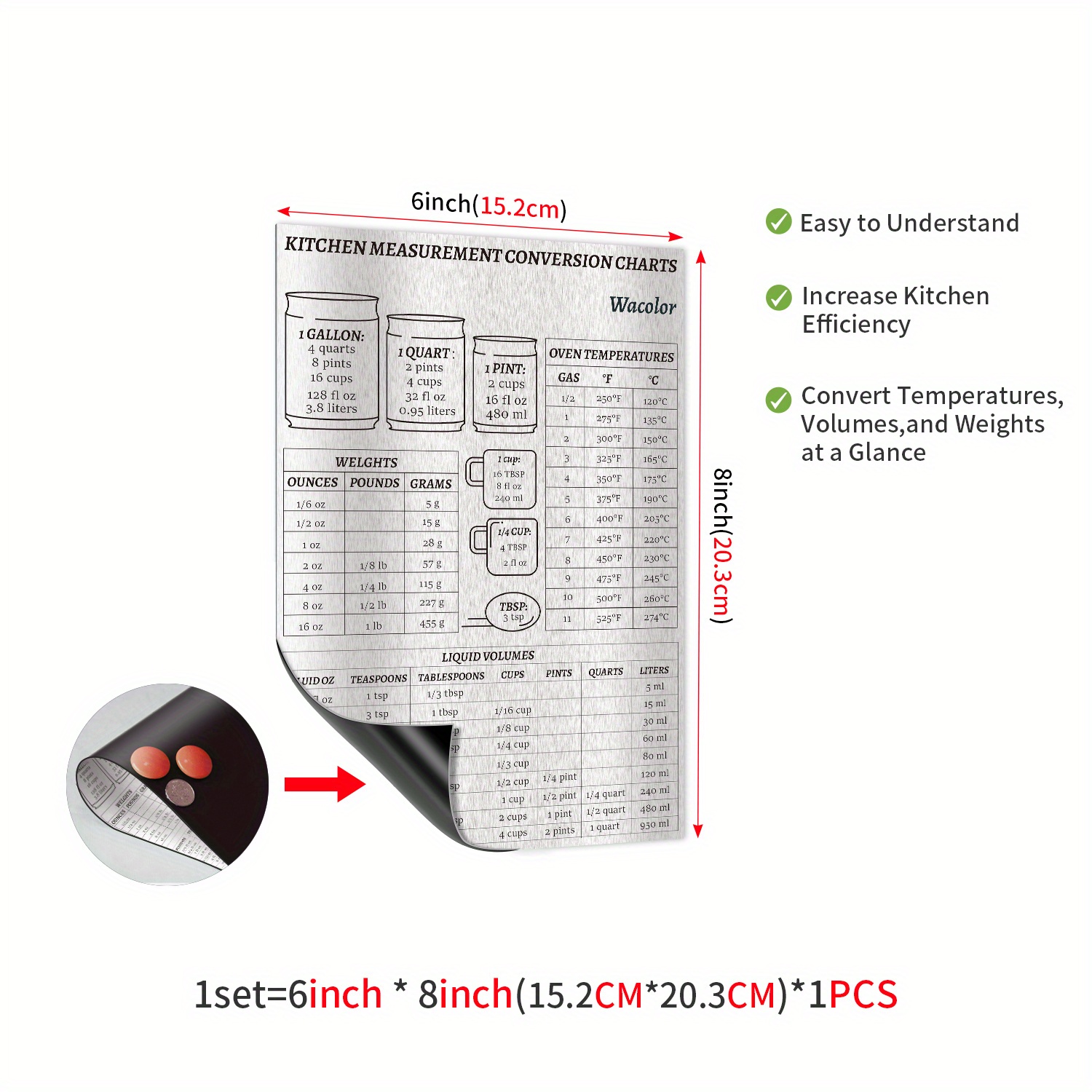 Kitchen Conversion Chart Magnet - Imperial & Metric to Standard Conversion Chart Decor Cooking Measurements for Food - Measuring Weight, Liquid, Tempe