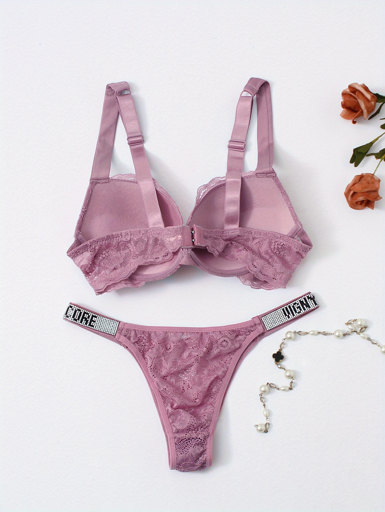 Floral Lace Bra & Panties, Letter Straps Push Up Bra & Semisheer Thong