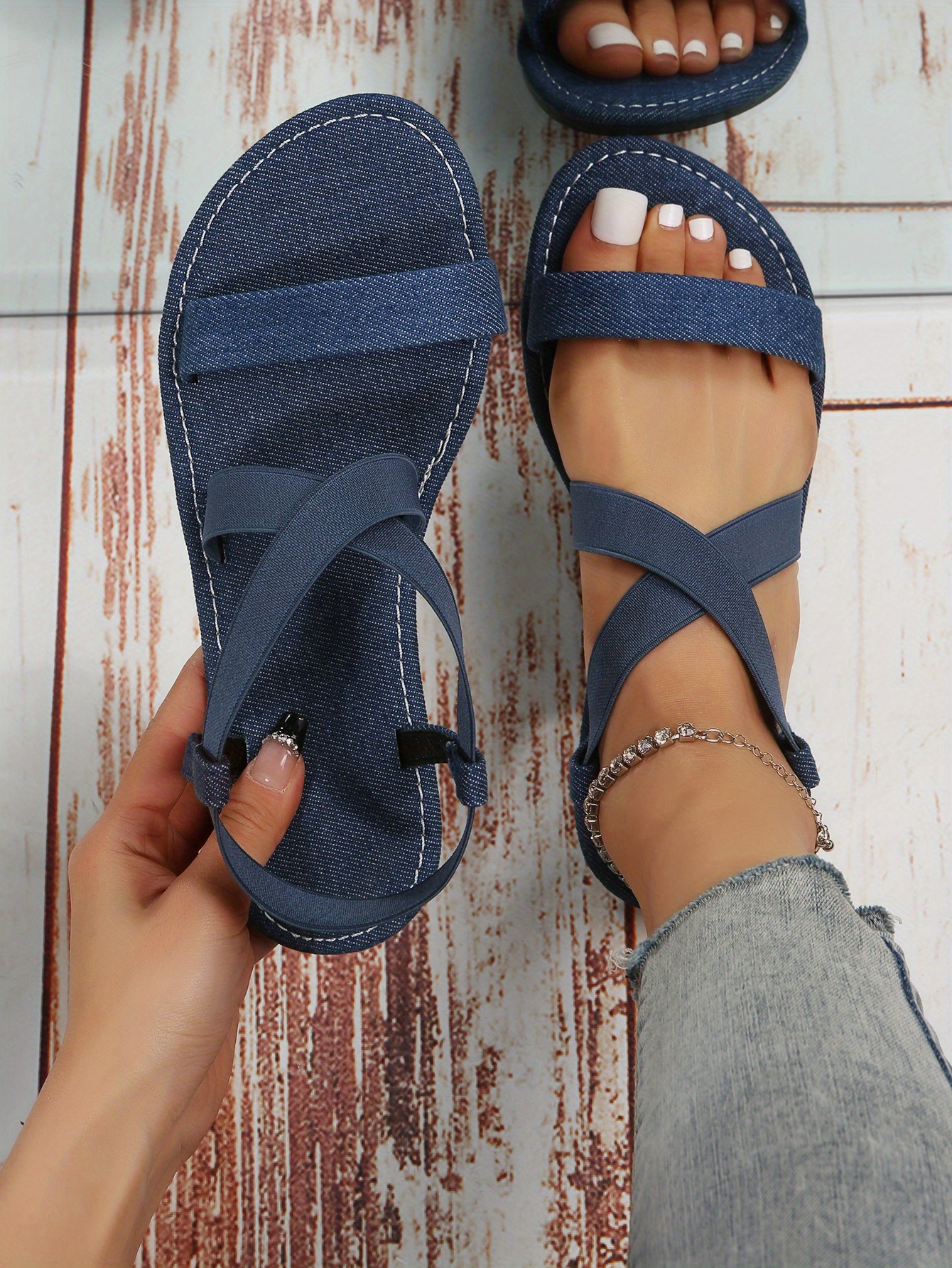 Womens Denim Flat Sandals Fashion Cross Strap Slip On Elastic Strap Shoes  Casual Outdoor Sandals, Discounts For Everyone