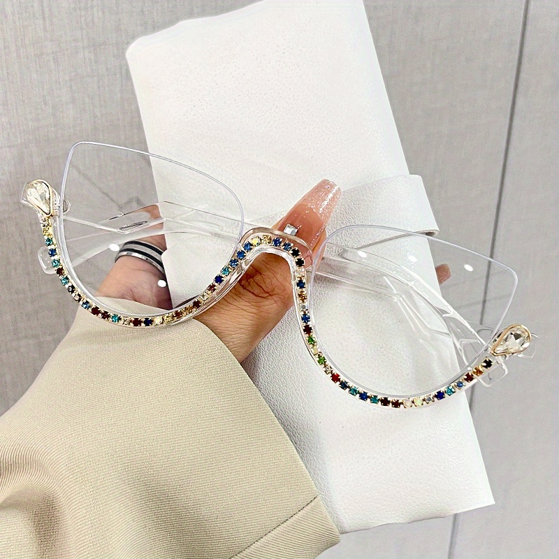 Rhinestone Decor Clear Lens Glasses Y2k Kpop Style Semi Temu 7559