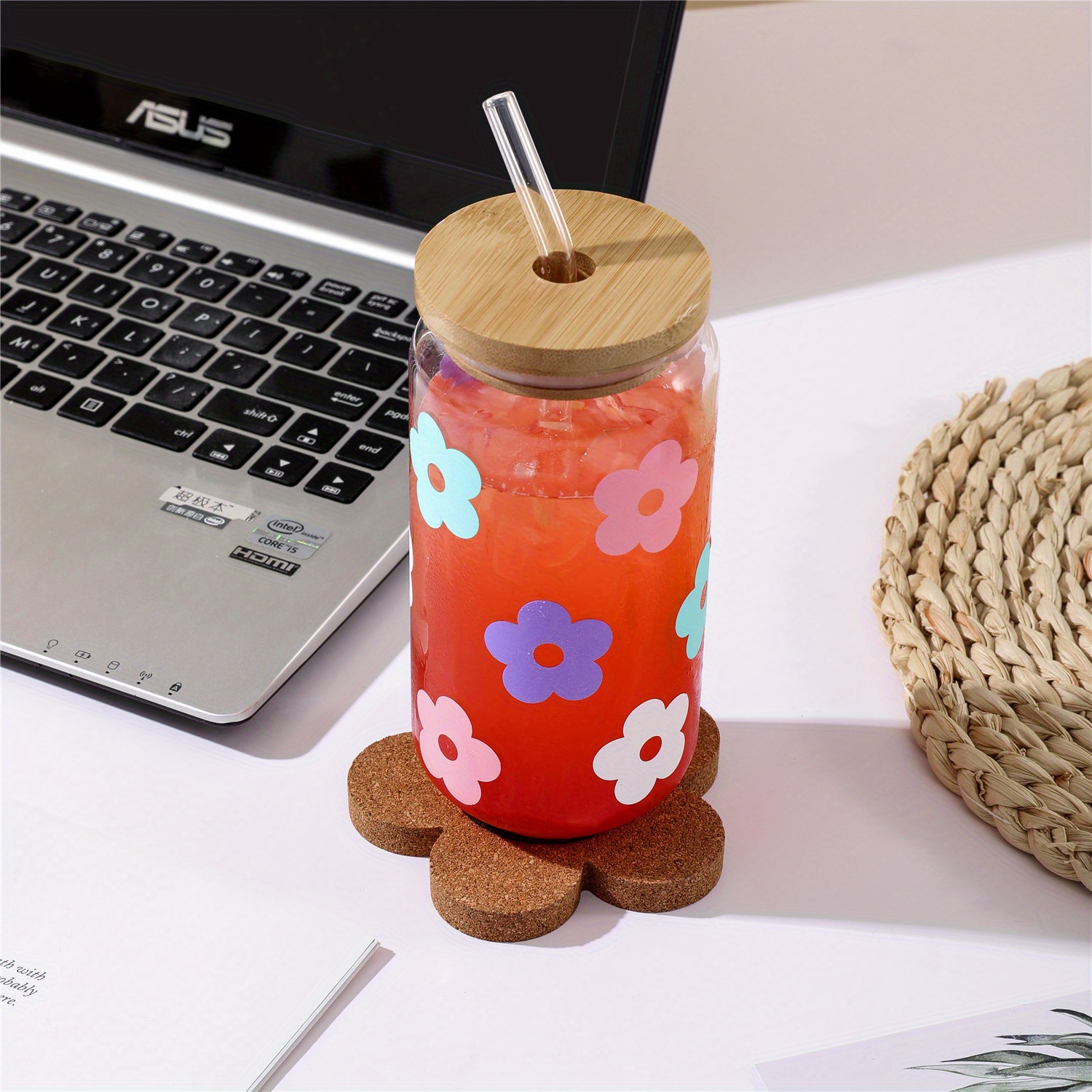 Summer Cute Cartoon Flower Pattern Beverage Glass Tumbler with straw