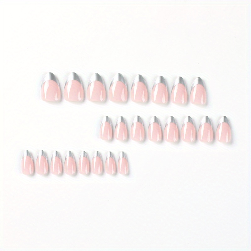 pink press on nails medium length almond fake nails with silvery tip designs full cover false nails glossy acrylic stick on nails for women girls details 1