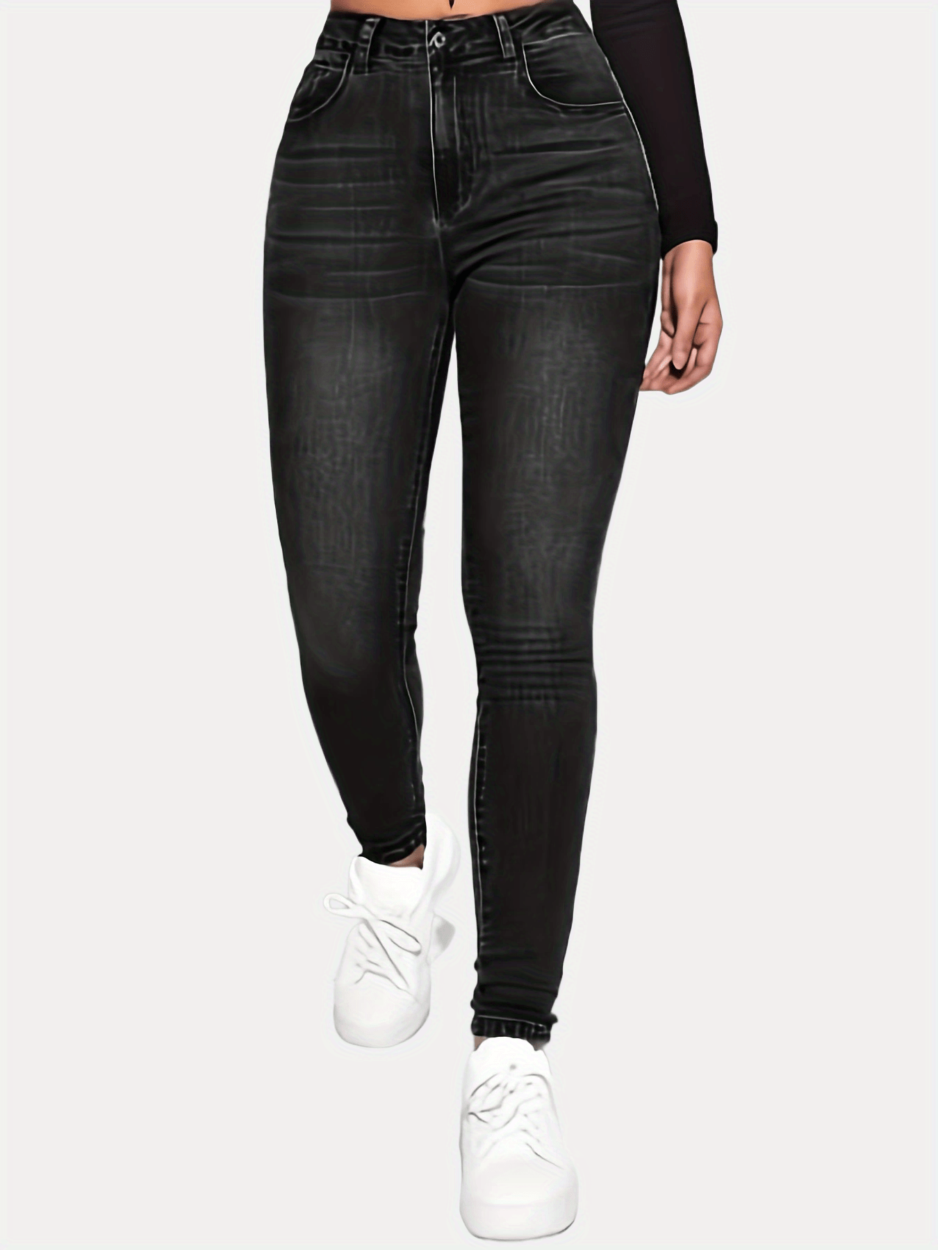 High * Water Ripple Embossed Crotch But Lifting Tummy Control High Stretchy  Plicated Ham Washed Black Color Skinny Jeans, Women's Denim Jeans