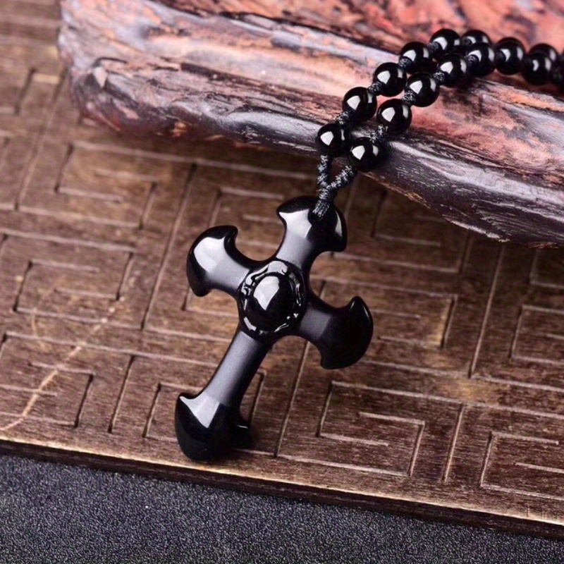 1pc classic religious style christian good luck amulet cross trend fashion obsidian pendant necklace for men women daily casual details 0