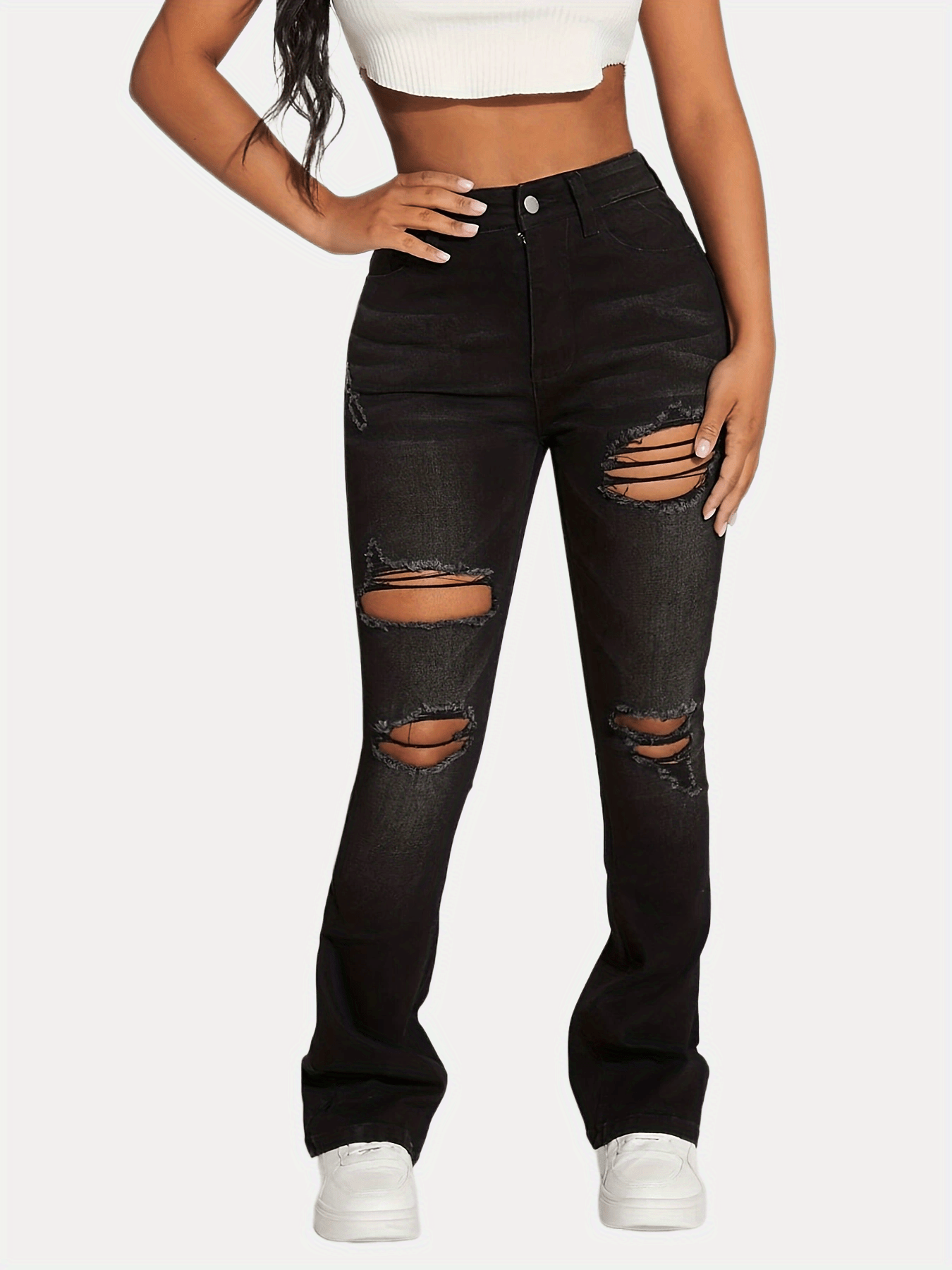 Ripped One Leg High * Brown Jeans, Bell Bottom Shape Distressed Flare  Jeans, Women's Denim & Clothing