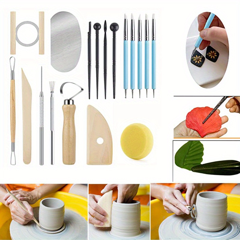 Pottery Tool Kit 18pcs Polymer Clay Tools Modeling Clay Sculpting Tools Kit  Ceramics Tools Trimming Embossing Pattern Smooth Wooden Handles Pottery  Tools