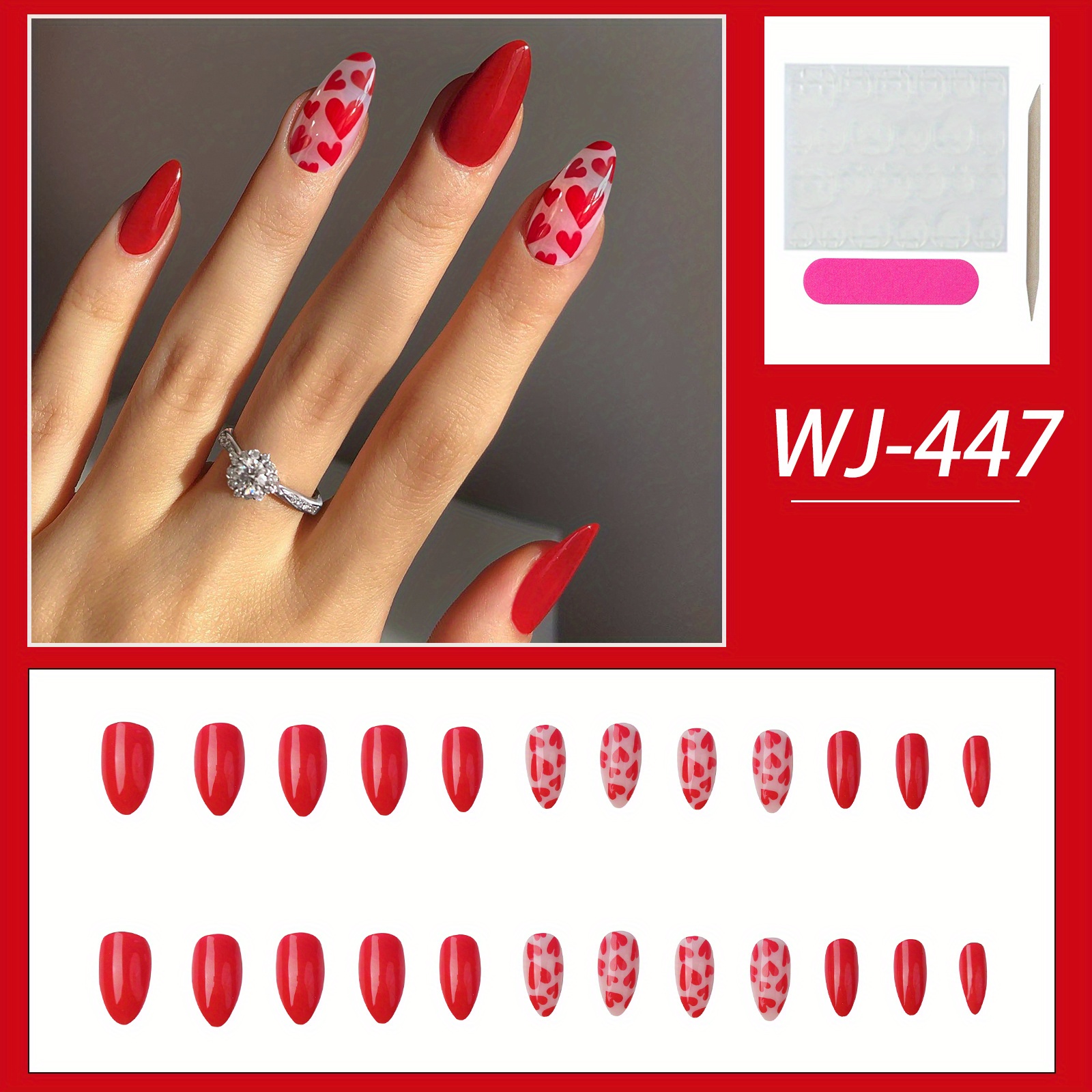 Red Press On Nails Medium Square Fake Nails With Red Heart Design Fashion Acrylic False Nail 7119