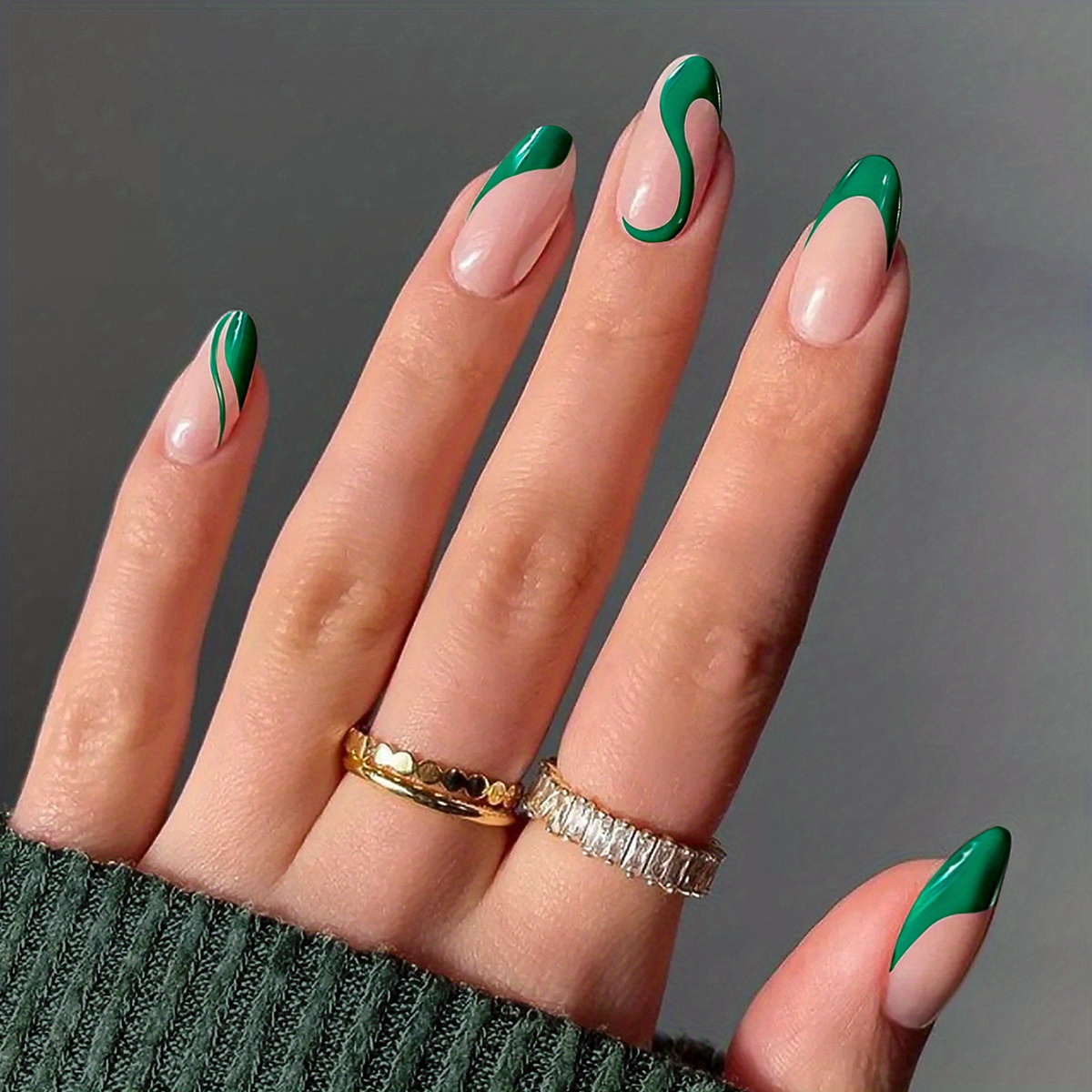 24pcs green press on nails almond shaped medium fake nails french tip false nails with designs green swirl glue on nails for women nail art decorations details 3