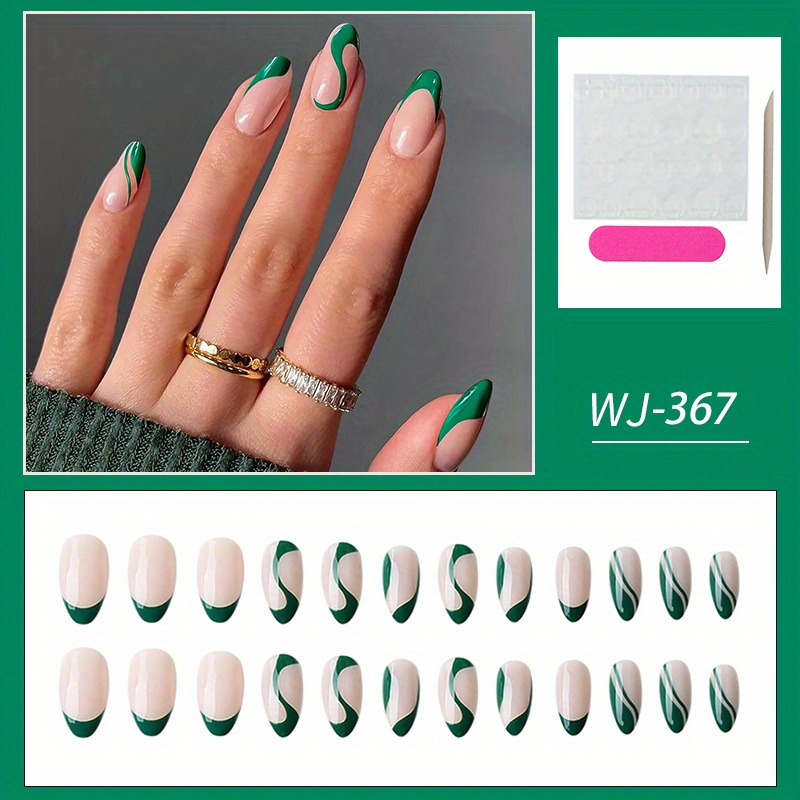 24pcs green press on nails almond shaped medium fake nails french tip false nails with designs green swirl glue on nails for women nail art decorations details 4