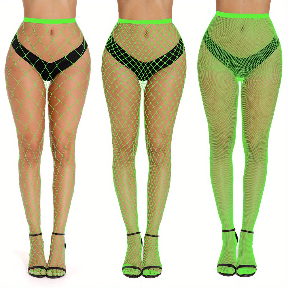 3 pares Medias de malla verde neón, Moda de Mujer