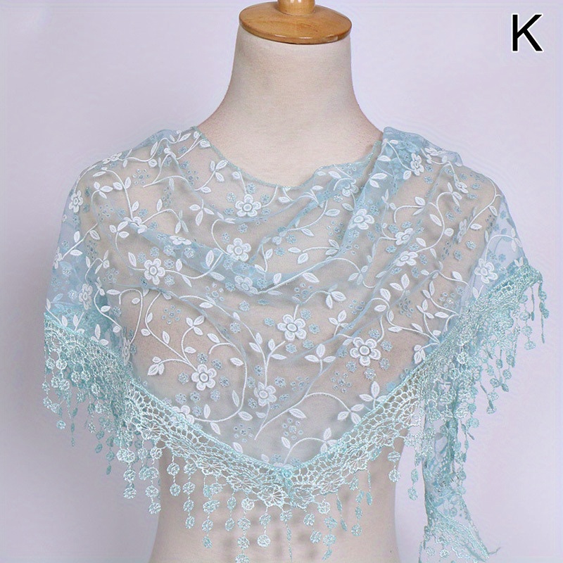 Floral Embroidery Triangle Scarf Elegant Tassel Shawl Lace - Temu