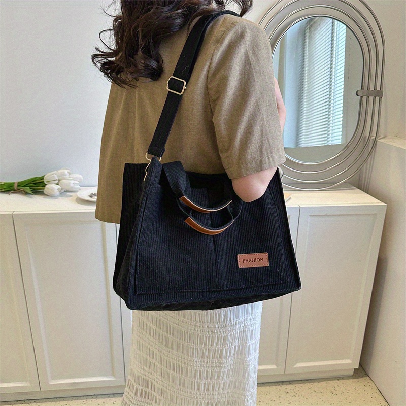 Simple Corduroy Tote Bag Letter Patch Decor Crossbody Bag Temu