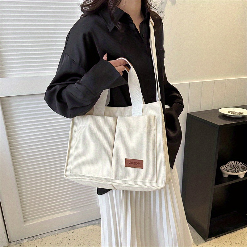 Simple Corduroy Tote Bag Letter Patch Decor Crossbody Bag Temu