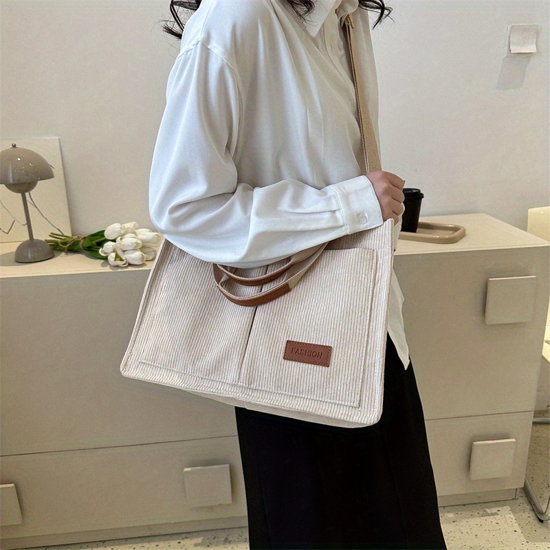 Simple Corduroy Tote Bag Letter Patch Decor Crossbody Bag Temu