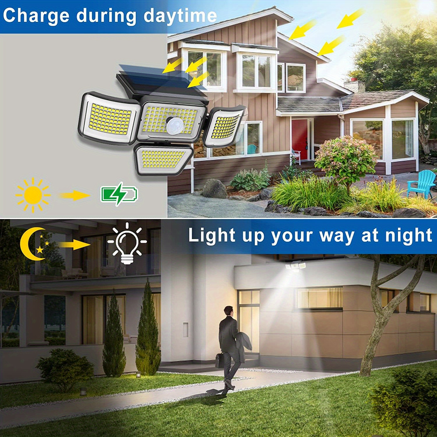 Solar Outdoor Lights with 278 Leds, Motion Sensor Lights Powered by Solar Energy, Featuring a 4-Head Security Floodlight with a 300° Wide-Angle Wall Light, Offering 3 Modes, Suitable for Gardens, Yards, Pathways, And Garage Street Lighting