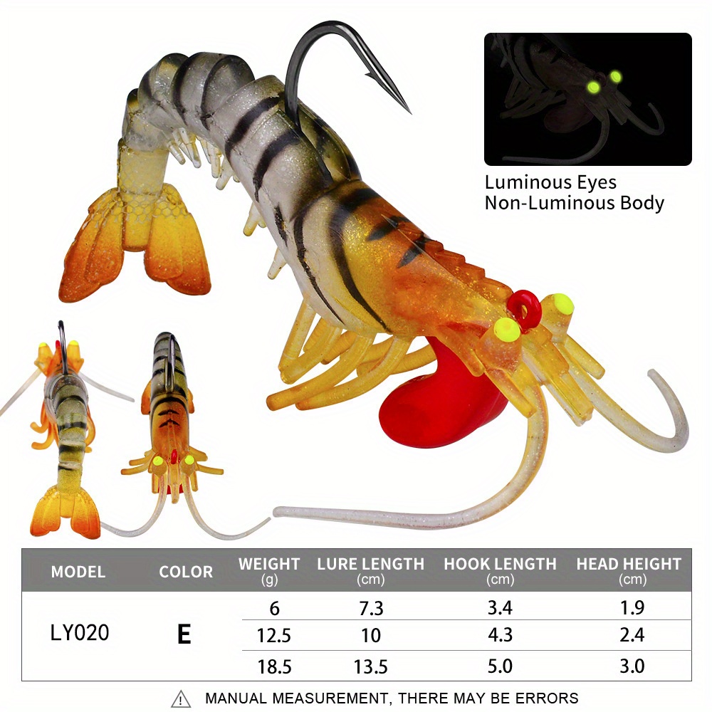 OriGlam 5pcs Soft Luminous Shrimp Lure Set with Hooks, Beads, and 3D Eyes  for Freshwater and Saltwater Fishing - 5 Colors