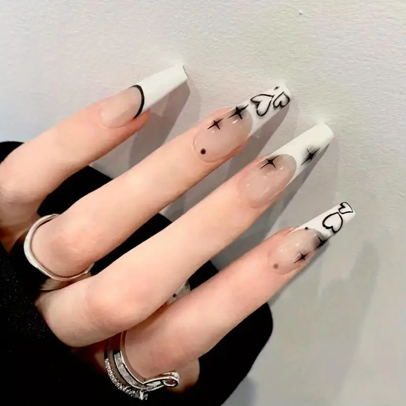 Y2k Sweet Cool Press On Nails, Long Coffin Fake Nails With Heart And French  White Edge Design, Glossy Full Cover False Nails For Women And Girls - Temu  France