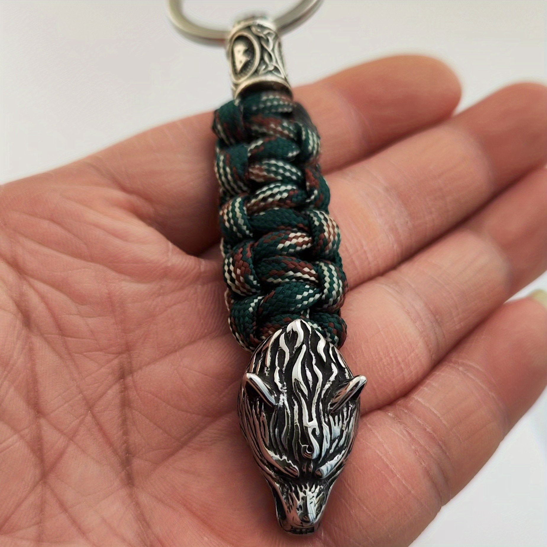 Stainless Steel Viking Wolf Head Keychain - Sporty Hand-Woven Polyester, Fashion Accessory for Men, Key Chain details 2