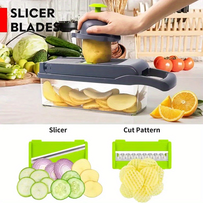 14 16pcs multi function kitchen slicer set manual vegetable cutter dicer   with stainless steel blades plastic rectangle shape no power supply needed details 6