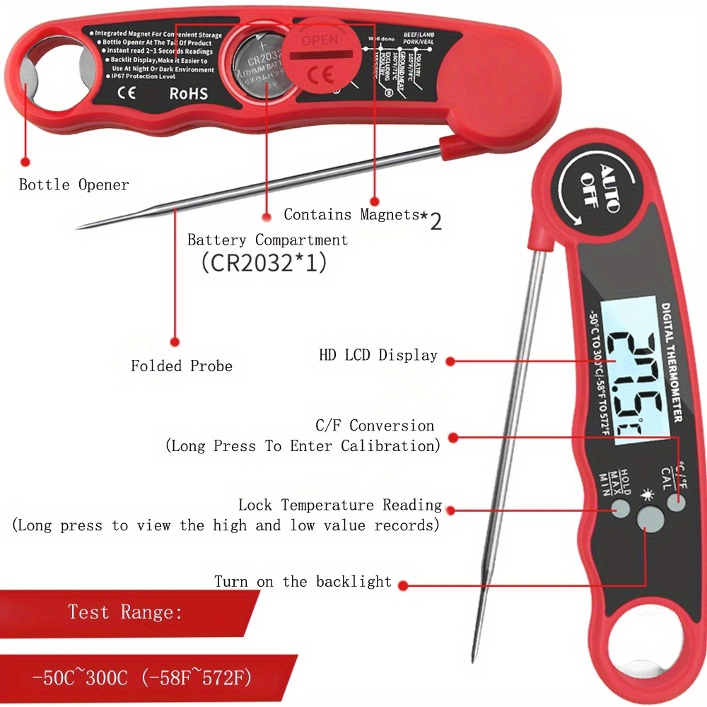 1pc Waterproof Digital Instant Read Meat Thermometer With 4.6Folding Probe  Backlight & Calibration Function For Cooking, Thermometer Digital Thermome